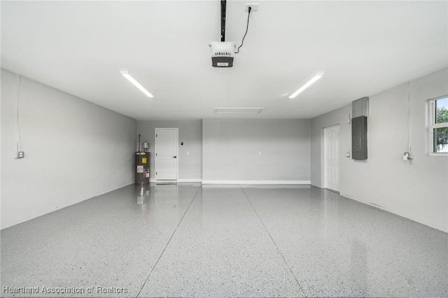 garage with electric water heater, electric panel, and a garage door opener