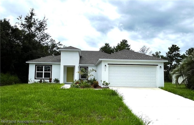 ranch-style home featuring a front yard and a garage