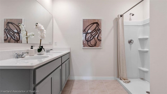 6824 Coconut Dr, Sebring, FL 33782 - full bathroom with double vanity, tile patterned flooring, a shower with curtain, and baseboards