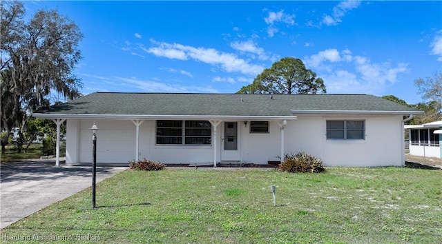 ranch-style house with a front yard, roof with shingles, driveway, stucco siding, and a garage