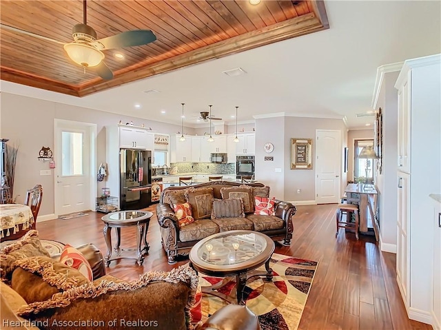 living room with wood ceiling, ceiling fan, crown molding, sink, and dark hardwood / wood-style floors