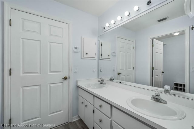 bathroom with hardwood / wood-style flooring and vanity