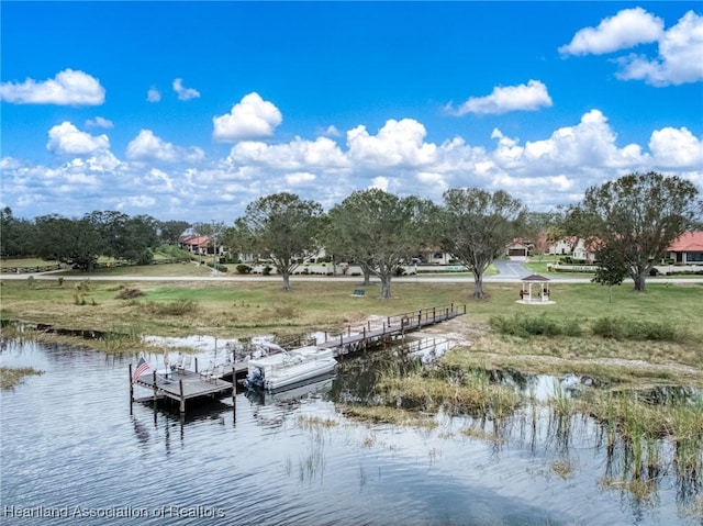 dock area with a water view and a yard