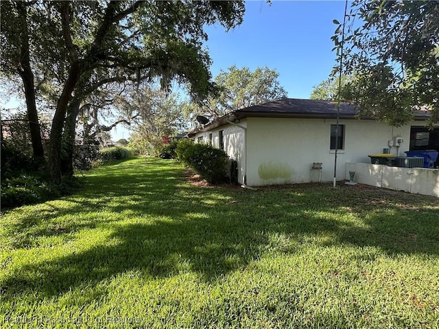 view of property exterior featuring a yard and stucco siding