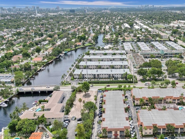 drone / aerial view with a water view