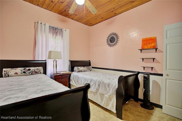 bedroom featuring ceiling fan, wooden ceiling, and light tile patterned floors