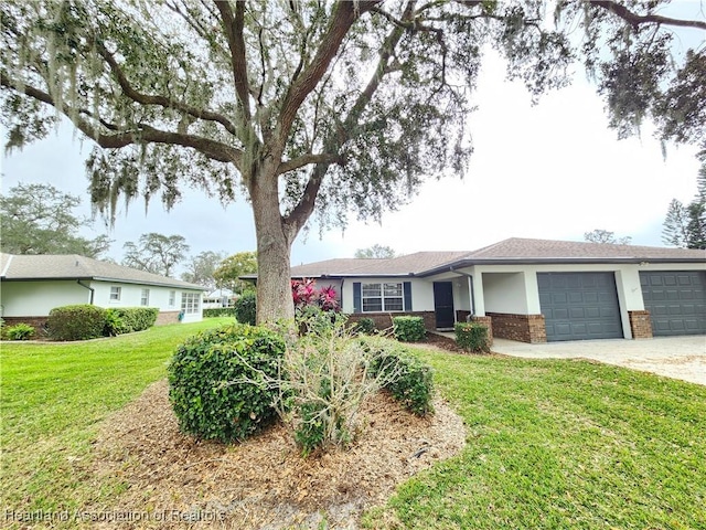 ranch-style home with a garage and a front yard