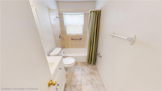 full bath featuring vanity, toilet, and shower / bath combo with shower curtain