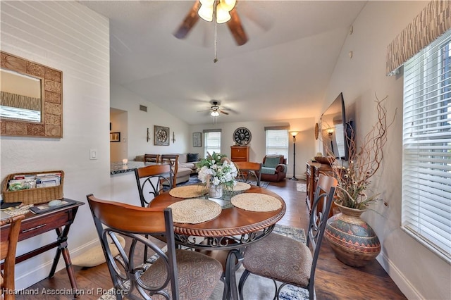 4212 Elson Ave, Sebring, FL 33875 - dining room featuring ceiling fan, lofted ceiling, and wood finished floors