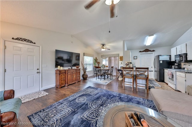 4212 Elson Ave, Sebring, FL 33875 - living area featuring ceiling fan, vaulted ceiling, and wood finished floors