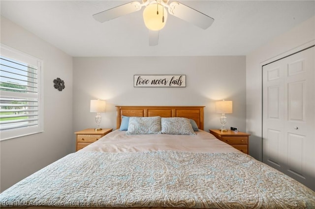 bedroom with a closet and a ceiling fan