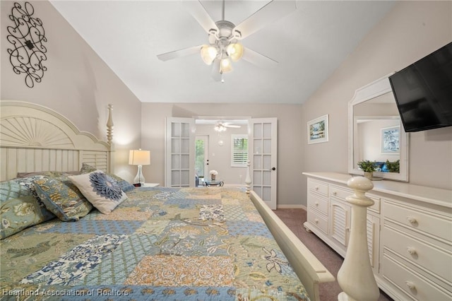 bedroom featuring baseboards, a ceiling fan, carpet, vaulted ceiling, and french doors