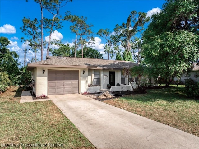4304 Lewis Ave, Sebring, FL 33875 - ranch-style home featuring stucco siding, a garage, concrete driveway, a front yard, and a shingled roof