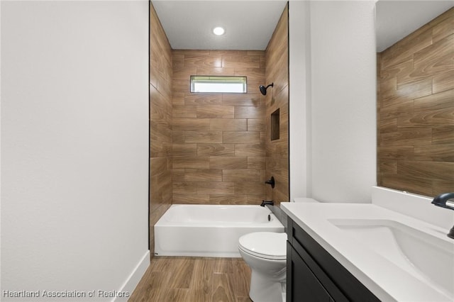 5243 Cortez Blvd, Sebring, FL 33872 - full bath with toilet, shower / bath combination, vanity, wood finished floors, and baseboards