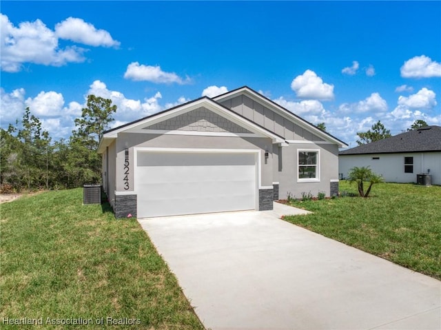 5243 Cortez Blvd, Sebring, FL 33872 - single story home with a garage, a front lawn, concrete driveway, stone siding, and central AC