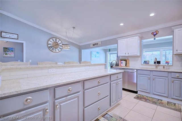 kitchen with crown molding, dishwasher, gray cabinetry, and light tile patterned floors