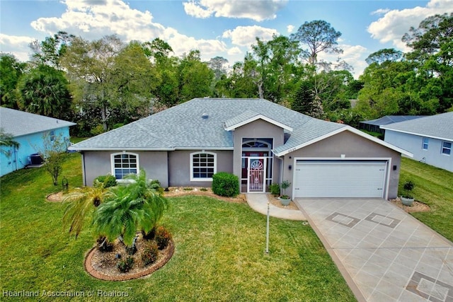 ranch-style house with concrete driveway, a front lawn, and an attached garage