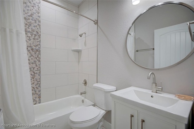 full bathroom with vanity, toilet, and shower / bathtub combination with curtain