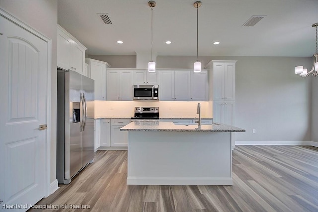 kitchen featuring appliances with stainless steel finishes, decorative light fixtures, sink, white cabinets, and an island with sink