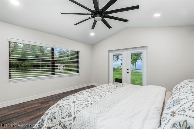 bedroom with wood finished floors, baseboards, vaulted ceiling, access to outside, and french doors