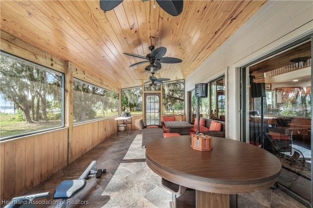 sunroom / solarium featuring ceiling fan and wood ceiling