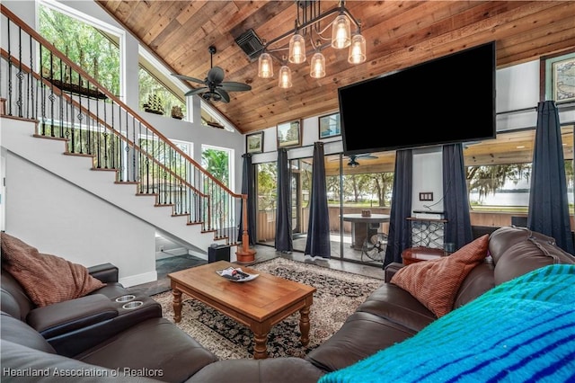 living room featuring high vaulted ceiling, ceiling fan, and wooden ceiling