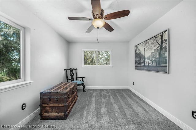 unfurnished room with ceiling fan and carpet floors