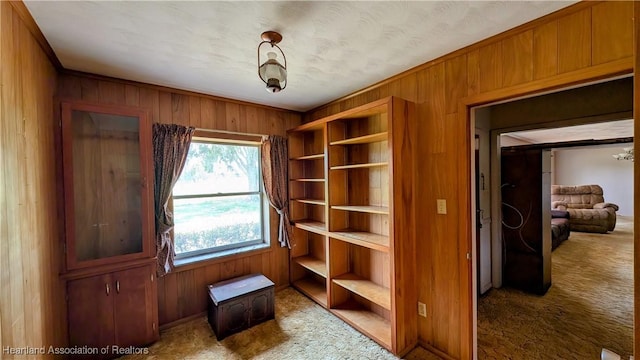 interior space with wood walls, carpet flooring, and crown molding