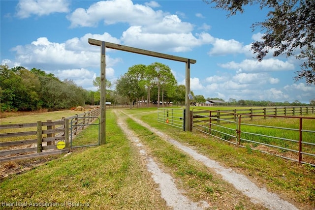 view of road featuring driveway, a rural view, and a gated entry