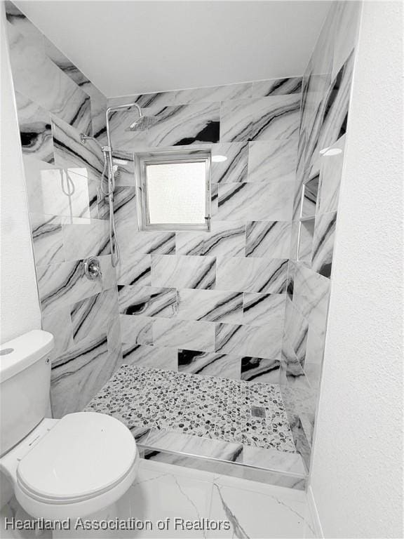 bathroom with toilet and a marble finish shower