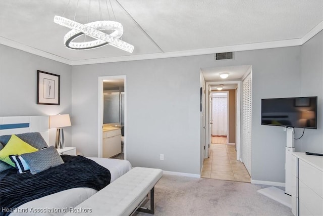 bedroom with carpet floors, visible vents, ornamental molding, baseboards, and tile patterned floors