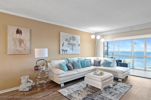 living room featuring a textured ceiling, a water view, wood finished floors, and crown molding