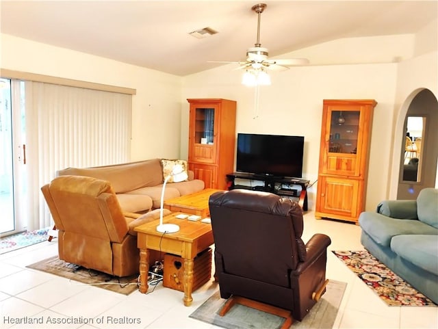 334 Sunshine Ave, Lake Placid, FL 33852 - living room with arched walkways, a ceiling fan, and lofted ceiling