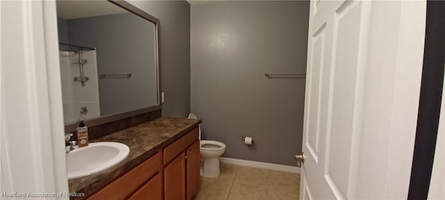 bathroom featuring tile patterned flooring, vanity, toilet, and walk in shower