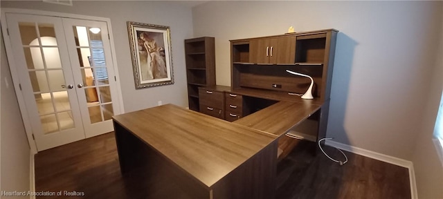 office area with french doors and dark hardwood / wood-style floors