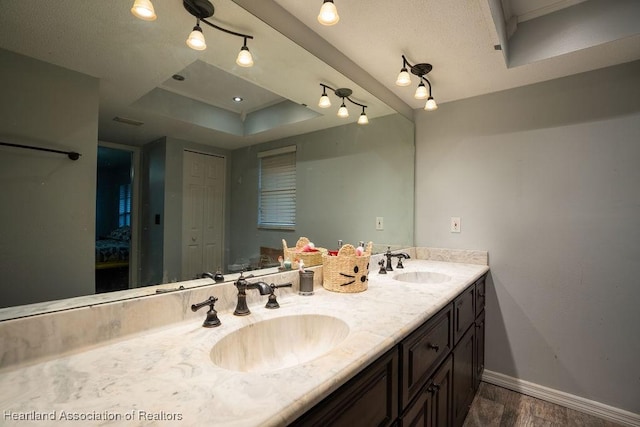 bathroom with a tray ceiling, vanity, and hardwood / wood-style flooring