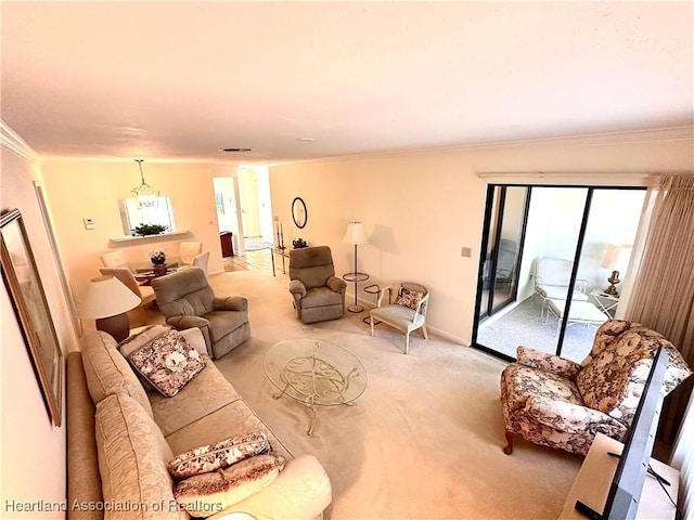 4620 Lafayette Ave, Sebring, FL 33875 - living room featuring light carpet, crown molding, baseboards, and a wealth of natural light