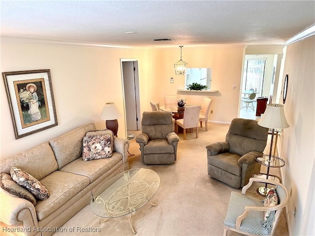 4620 Lafayette Ave, Sebring, FL 33875 - living area with visible vents, a textured ceiling, crown molding, and carpet floors
