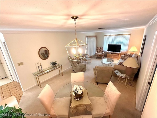 4620 Lafayette Ave, Sebring, FL 33875 - dining area with a notable chandelier, baseboards, crown molding, visible vents, and carpet