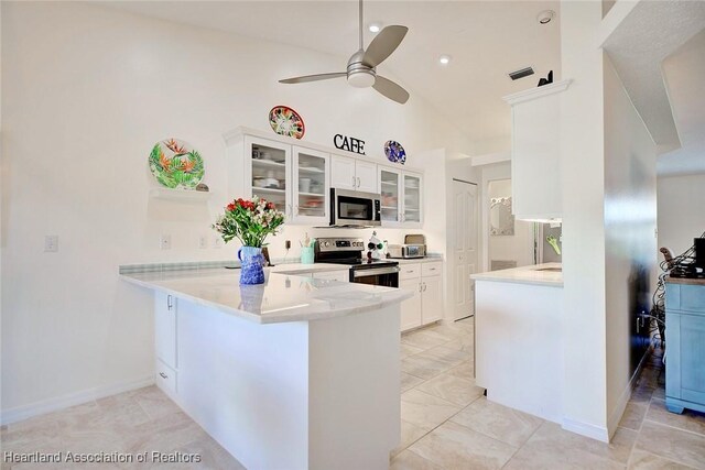 kitchen featuring white cabinetry, ceiling fan, light stone counters, kitchen peninsula, and appliances with stainless steel finishes