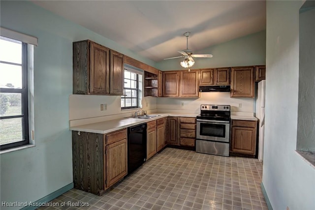 kitchen with ceiling fan, sink, and appliances with stainless steel finishes