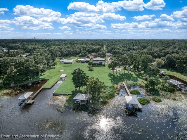 drone / aerial view with a water view