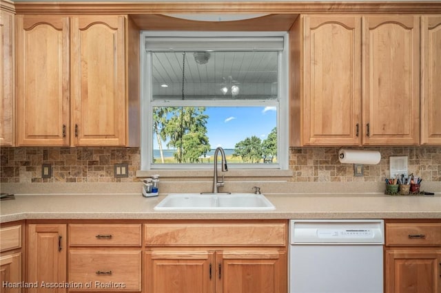 kitchen featuring backsplash, white dishwasher, and sink