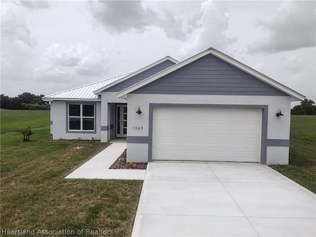 single story home featuring a front yard and a garage