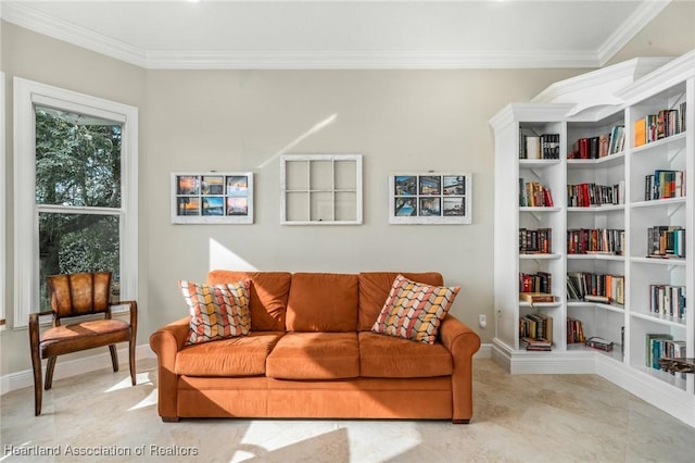 living room with crown molding