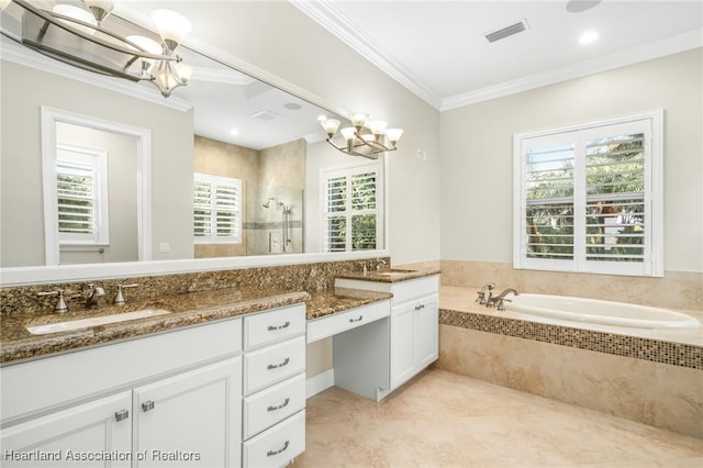 bathroom with vanity, an inviting chandelier, crown molding, and plus walk in shower