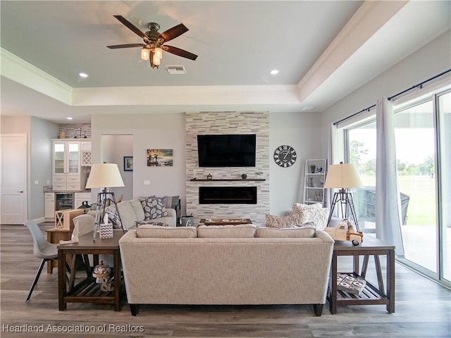 4936 Myrtle Dr, Sebring, FL 33872 - living area featuring a raised ceiling, dark wood-type flooring, healthy amount of natural light, and a large fireplace