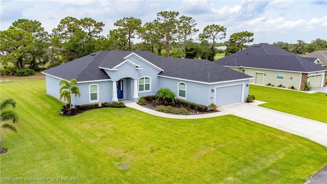 4936 Myrtle Dr, Sebring, FL 33872 - ranch-style home with a garage, a front yard, concrete driveway, a shingled roof, and stucco siding
