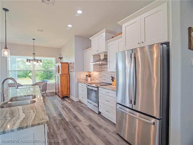 4936 Myrtle Dr, Sebring, FL 33872 - kitchen with appliances with stainless steel finishes, range hood, white cabinetry, decorative backsplash, and recessed lighting
