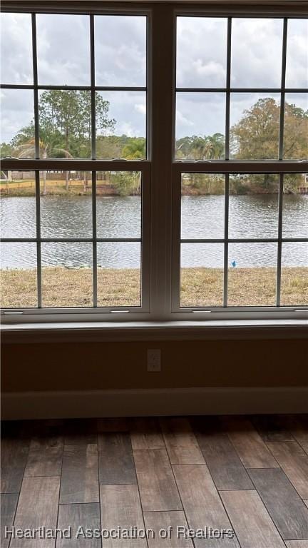 interior space with a water view